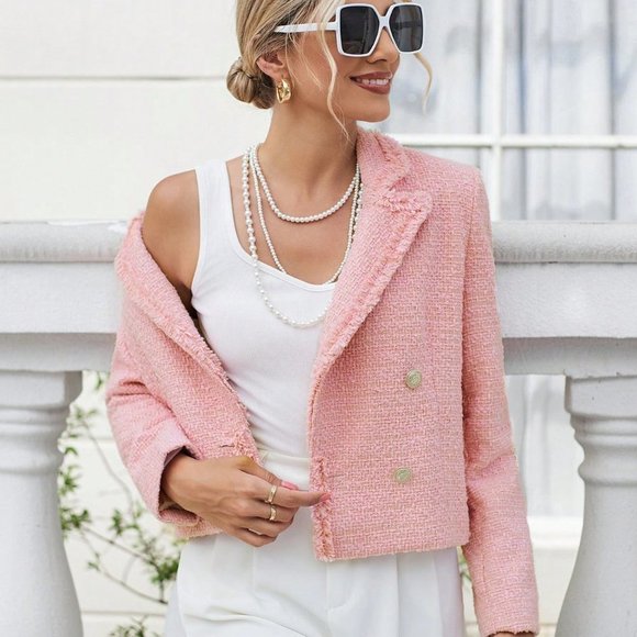 Pink Preppy Womens Double Breasted Fringe Trimmed Crop Tweed Overcoat - Picture 4 of 5